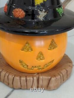 VTG RARE Ceramic Light Up Halloween Jack-O-Lantern Pumpkin Lamp Witch Hat