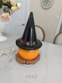 VTG RARE Ceramic Light Up Halloween Jack-O-Lantern Pumpkin Lamp Witch Hat