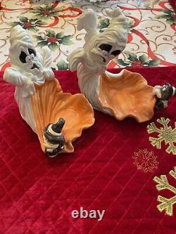 Very Rare Pair Of Vtg Fitz And Floyd Halloween Ghost/witch Spider Candle Holders