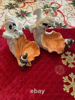 Very Rare Pair Of Vtg Fitz And Floyd Halloween Ghost/witch Spider Candle Holders