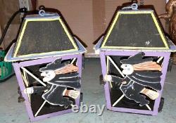 Very Rare Pair Vintage Halloween Witch Handpainted Metal Hanging Candle Holder