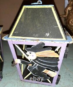 Very Rare Pair Vintage Halloween Witch Handpainted Metal Hanging Candle Holder