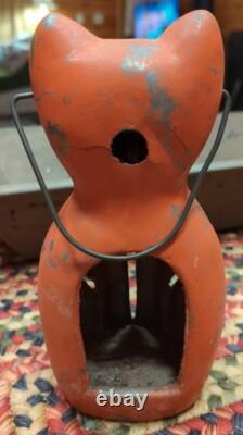 Very Rare Vintage Orange Painted Metal Cat Tealight Votive Candle Halloween