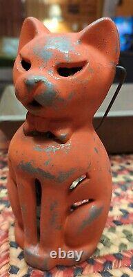 Very Rare Vintage Orange Painted Metal Cat Tealight Votive Candle Halloween
