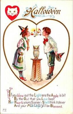Vintage 1910's Nash Young Lovers White Cat, Owl & Witch Halloween Postcard RARE