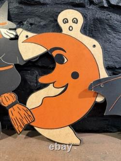 Vintage 1950s Halloween Die Cut Banner Garland Bats Witch Ghosts Decoration RARE