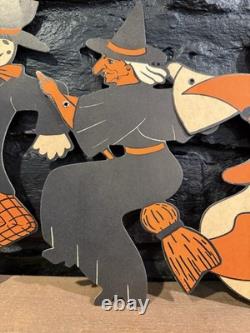 Vintage 1950s Halloween Die Cut Banner Garland Bats Witch Ghosts Decoration RARE