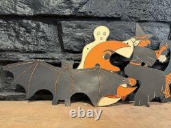 Vintage 1950s Halloween Die Cut Banner Garland Bats Witch Ghosts Decoration RARE