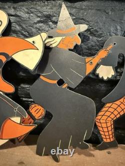 Vintage 1950s Halloween Die Cut Banner Garland Bats Witch Ghosts Decoration RARE