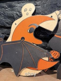 Vintage 1950s Halloween Die Cut Banner Garland Bats Witch Ghosts Decoration RARE