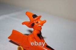 Vintage 1950s Rosen Rosbro RARE Flying Witch on a Rocket Black Cat toy Halloween