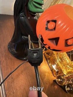 Vintage 1960s Black Witch Green Face Pumpkin Blow Mold Light Decoration RARE