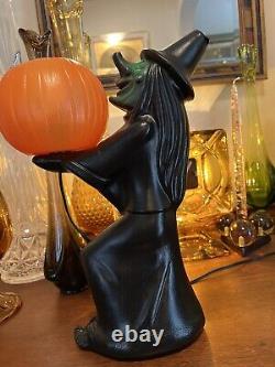 Vintage 1960s Black Witch Green Face Pumpkin Blow Mold Light Decoration RARE