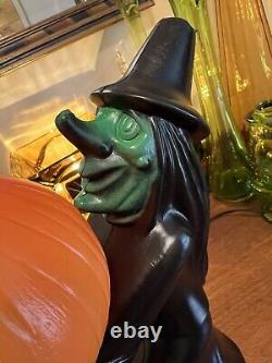 Vintage 1960s Black Witch Green Face Pumpkin Blow Mold Light Decoration RARE