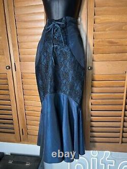 Vintage 80s Fishtail Corset Maxi Skirt Goth Scene HOCO Taffeta Lace RARE VTG