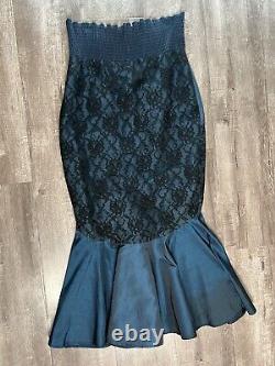 Vintage 80s Fishtail Corset Maxi Skirt Goth Scene HOCO Taffeta Lace RARE VTG