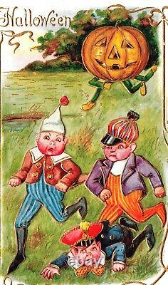 Vintage Boys chased by JOL Anthropomorphic Pumpkin Halloween Postcard (RARE)