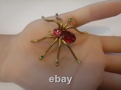 Vintage CZECHO Brass Pink Glass Rhinestone Spider Brooch Rare Missing 1 Stone