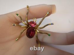 Vintage CZECHO Brass Pink Glass Rhinestone Spider Brooch Rare Missing 1 Stone