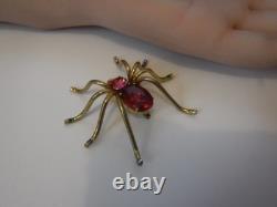 Vintage CZECHO Brass Pink Glass Rhinestone Spider Brooch Rare Missing 1 Stone