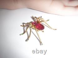 Vintage CZECHO Brass Pink Glass Rhinestone Spider Brooch Rare Missing 1 Stone