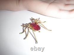 Vintage CZECHO Brass Pink Glass Rhinestone Spider Brooch Rare Missing 1 Stone