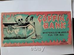 Vintage Coffin Bank Japan Tin Toy Rare Coffin Bank Works Skull Rare Halloween