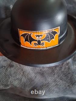 Vintage Extremely Rare 1950's Plastic Form Bowler Style Halloween Hat With Bat