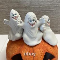 Vintage Ghost Pumpkin Jack o Lantern Ceramic Light Up Halloween Decor RARE WORKS