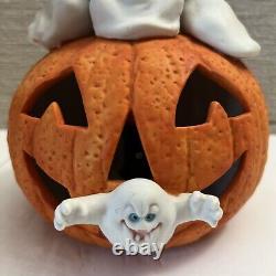 Vintage Ghost Pumpkin Jack o Lantern Ceramic Light Up Halloween Decor RARE WORKS