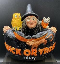 Vintage Halloween Chalkware Witch Owl Cat Candy Bowl Old Rare! Very Cool! 7X7