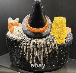 Vintage Halloween Chalkware Witch Owl Cat Candy Bowl Old Rare! Very Cool! 7X7