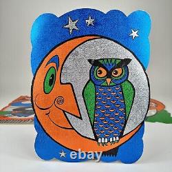 Vintage Halloween Die Cut Reflective Foil Witch Flying Owl Cat Lot 1970s RARE