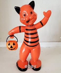 Vintage Halloween Hard Plastic Rosbro Orange & Black Cat Candy Container Toy