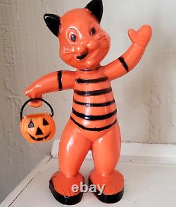 Vintage Halloween Hard Plastic Rosbro Orange & Black Cat Candy Container Toy