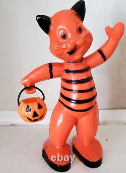 Vintage Halloween Hard Plastic Rosbro Orange & Black Cat Candy Container Toy