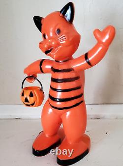 Vintage Halloween Hard Plastic Rosbro Orange & Black Cat Candy Container Toy