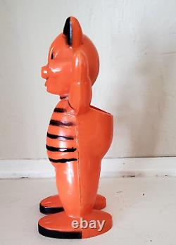 Vintage Halloween Hard Plastic Rosbro Orange & Black Cat Candy Container Toy