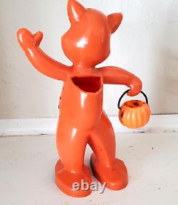 Vintage Halloween Hard Plastic Rosbro Orange & Black Cat Candy Container Toy