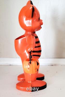 Vintage Halloween Hard Plastic Rosbro Orange & Black Cat Candy Container Toy