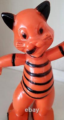 Vintage Halloween Hard Plastic Rosbro Orange & Black Cat Candy Container Toy