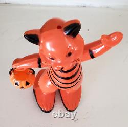 Vintage Halloween Hard Plastic Rosbro Orange & Black Cat Candy Container Toy