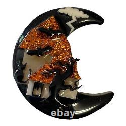 Vintage Halloween Lucinda House Pins Brooch Moon Black Cat Bat Rare