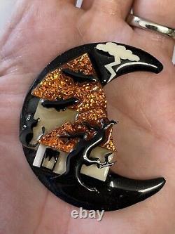 Vintage Halloween Lucinda House Pins Brooch Moon Black Cat Bat Rare