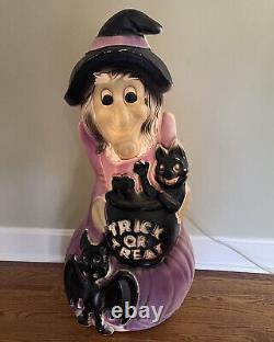 Vintage Halloween Purple Witch & Black Cat Blow Mold 34 Tall Rare