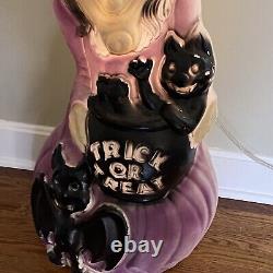 Vintage Halloween Purple Witch & Black Cat Blow Mold 34 Tall Rare