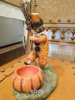 Vintage Halloween Style Bethany Lowe Girl with Broom Pumpkin Container RARE