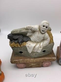 Vintage Halloween Train 5 Piece Ceramic Witch Ghost Mummy Graveyard Rare HTF
