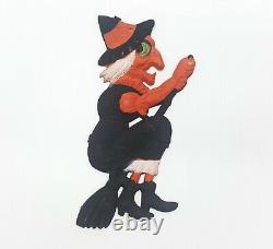 Vintage Halloween Witch on Broom Germany Embossed Cardboard 1940s 1960s RARE