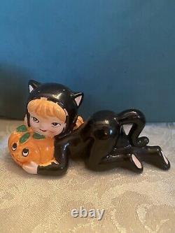 Vintage Lefton Halloween Girl in Black Cat Costume & Pumpkin Figurine Pair Rare